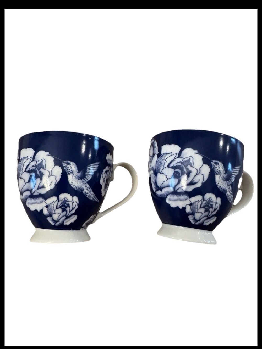 Lot of 2 English Mug Co. Footed Coffee Mugs – Blue & White Floral Hummingbird